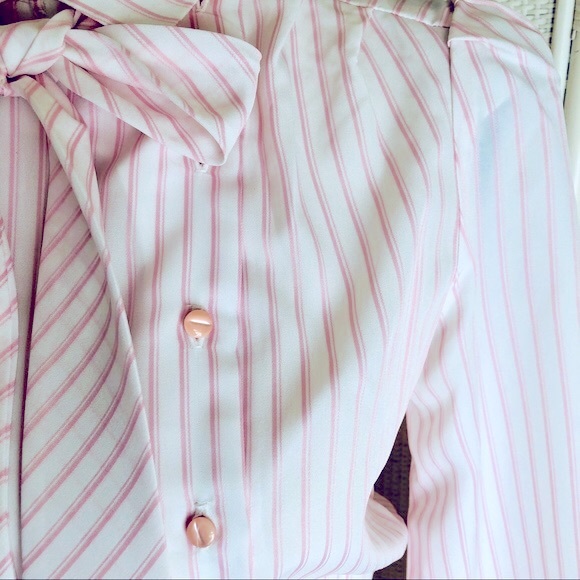 VINTAGE 70s Dress White Pink Stripes Bow Tie Belted size 10 - Picture 6 of 16